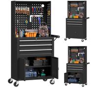 HOMCOM Servante d'atelier en acier à 3 tiroirs, chariot à outils sur roulettes verrouillable avec étagère réglable, panneau perforé, caisse à outils pour atelier, garage, noir