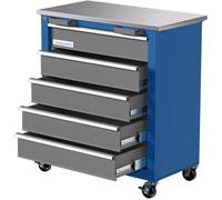 Servante d'atelier LARBANKE - Chariot à outils 5 tiroirs verrouillables - Plateau supérieur en Inox - Bleu