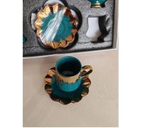 Service a cafe - 6 tasses de cafe - 6 dessous de tasses - fleur- LEUMX - vert