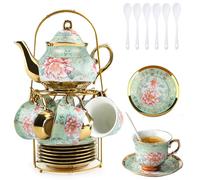 Service à thé 20 pièces en porcelaine avec bord doré 750 ml, tasses 180 ml | Design vintage avec motif floral et support en métal. 6 tasses + 6 soucoupes. Excellente idée cadeau. Style européen