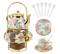 Service à thé 20 pièces en porcelaine avec support en métal Motif floral européen Théière Tasse à thé Soucoupe Cuillère à café pour femme Adulte Tea Party Grande version