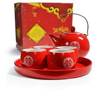 Service à thé de mariage chinois, rouge, 6 pièces : théière, 4 tasses, plateau, en porcelaine fine