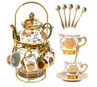 Service à thé en céramique rose rouge plaqué or, service à thé vintage avec théière, beau service à thé servant 6 personnes (pink, Medium)