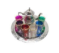 Service à thé marocain complet 6 verres colorés plus théière 400 ml pour deux avec plateau 30 cm