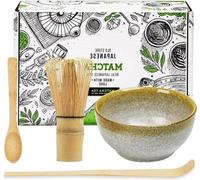 Service à thé matcha japonais - Set de 4 pièces pour préparer le matcha avec 100 cuillères à café - Cuillère à thé traditionnelle - Bol à matcha en céramique - Accessoires pour la cérémonie du thé - P