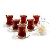Service à Thé Turc Traditionnel à Motifs de 13 Pièces Comprenant; 6 Verres, Tasses à Thé (115 ml/4 oz), 6 Soucoupes et un Sucrier avec Couvercle en Verre (260 ml/8,7 oz)