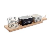 Service apéritif plateau bambou 31 cm avec 3 coupelles porcelaine et verre motifs fougères Mathon