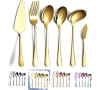 Service d'argenterie, 6 pièces, couleur or, comprenant une cuillère à dessert, une louche à rainures, une louche, une fourchette à viande, un couteau à beurre et une cuillère