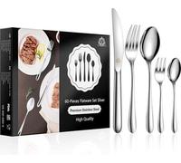 Service de couverts en acier inoxydable de qualité 18/10 poli, 60 pièces, pour un repas de 12 convives, aspect argenté, coffret cadeau, lavable au lave-vaisselle