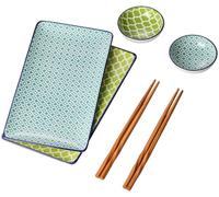 Service de sushis en porcelaine, 6 pièces pour 2 personnes : assiettes rectangulaires, petites coupelles pour les sauces, baguettes