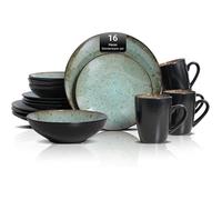 Service de table 16 pièces pour 4 personnes, assiettes et bols en grès résistant aux rayures, passe au Vert, double bol SALADIER