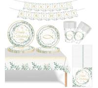 Service de table de fête d'anniversaire en eucalyptus vert sauge - 70 pièces de vaisselle avec assiettes en carton, gobelets, serviettes, nappe et bannière « Happy Birthday » pour fournitures de fête
