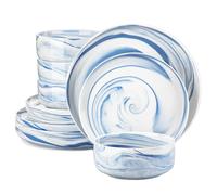 Service de table en porcelaine marbrée 24 pièces, respectueux de l'environnement, lavable au lave-vaisselle et utilisable au micro-ondes, LUNA-12-BLUE