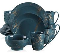 Service de table en porcelaine vert foncé et dorée, 16 pièces, service de luxe pour 4 personnes