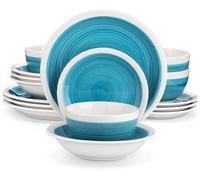 Service de table - Ensemble de vaisselle pour 4 personnes - 16 pièces - Céramique peinte à la main - Motifs géométriques - Forme ronde - Couleur bleue