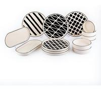 Service de table pour 6 personnes, pour le petit-déjeuner, ensemble de 14 assiettes, service mixte, assiettes à dessert, lavable au lave-vaisselle, noir et blanc