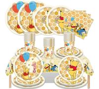 Service de table pour fête d'anniversaire sur le thème de Winnie l'ourson et ses amis : assiettes, gobelets, serviettes, nappe pour décorations de fête d'enfants 81pcs