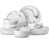 Service de vaisselle en porcelaine - 12 pièces, gris, pour 4 personnes, en céramique, lavable au lave-vaisselle et utilisable au micro-ondes