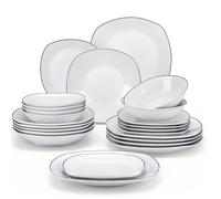 Service de vaisselle en porcelaine 24 pièces, assiette à Dessert, assiette creuse et bol pour 6 personnes, ensemble blanc avec bordure noire 6 assiettes plates, 6 assiettes à dessert, 6 assiettes creu