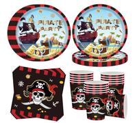 Service de vaisselle pour 16 convives, 52 pièces, bateau pirate, lot de assiettes en papier, décoration pirate, assiettes en papier pirate, serviettes, verres, fête pirate, fête d'enfants