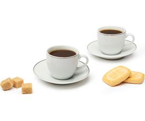 Service Excelsa 6 tasses à espresso avec soucoupes Platinum en porcelaine blanche avec bordure argentée