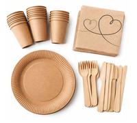 Service vaisselle jetable 20 pers. : 20 assiettes 23 cm 20 gobelets 240 ml couverts bois et serviettes « Love » écologiques.