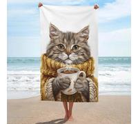 Serviette de plage en microfibre anti-sable avec motif chat tigré gris portant un pull tricoté - Grande serviette de douche multi-usages absorbante pour salle de bain et piscine - 130 x 80 cm