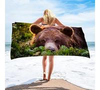 Serviette de Plage Ours Brun Vert Serviette de Bain Micro Fibre Animal Serviette Plage Anti Sable Grande Drap de Plage pour Homme, Femme, Camping, Piscine - 90x180cm