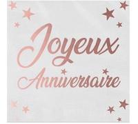 Serviette de table Joyeux Anniversaire blanche et rose gold métallisée (x24) REF/STAM00RG blanc et rose gold G