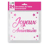 Serviette de table - Joyeux Anniversaire - Rose fuchsia métallisé - Lot de 24 - Biodégradable - 33x33cm