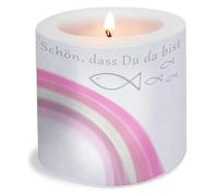 Serviettenshop Bougie ronde Rainbow Fishes rose | Communion, confirmation, baptême pour fille avec arc-en-ciel et poissons | Schön dass du da bist | Ø 8 cm | Hauteur 7,5 cm