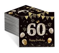 Serviettes d'anniversaire noires et dorées - Serviettes jetables élégantes en papier avec motif diamant - 33 x 33 cm - Décoration de table pour 60e anniversaire