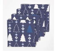 HOMESCAPES Serviette de Table Noël en Tissu Coton Sapins Bleu, Lot de 4, Décoration de Table de Noël