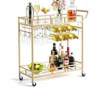 Serviteur de bar, chariot de service à 2 niveaux pour la maison et la cuisine, station utilitaire mobile moderne sur roulettes, chariot à boissons avec étagères en verre miroir, porte-bouteilles à vin