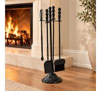 Serviteur de cheminée 5 pièces en métal avec support et socle décoratif | Accessoires pour poêle à bois avec pelle à cendres, balai, tisonnier et pince pour bûches(Nero)