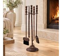 Serviteur de cheminée 5 pièces en métal avec support et socle décoratif | Accessoires pour poêle à bois avec pelle à cendres, balai, tisonnier et pince pour bûches(Antique Bronze)