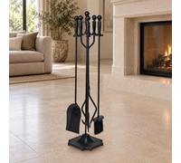Serviteur de Cheminée 5 Pièces en Métal, Support, Pelle, Balai et Tisonnier | Accessoires pour Poêle à Bois, Nécessaire de Foyer avec Pince à Bûches et Poignées Boules(Gold)