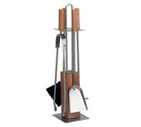 Serviteur de cheminée Lienbacher 4 pièces, inox, manches et socle chêne étuvé