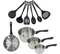 Set 1 poêle 20 cm 3 casseroles 12 16 et 20 cm en inox et 6 ustensiles Fackelmann Geneva