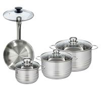 Set 1 poêle 20 cm en inox et 1 couvercle verre, 3 faitouts inox 16, 20 et 24 cm Fackelmann Eterna