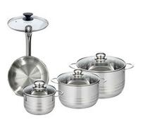 Set 1 poêle 20 cm en inox et 1 couvercle verre, 3 faitouts inox 16, 20 et 24 cm Fackelmann Eterna