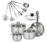 Set 1 poêle 24 cm en inox et couvercle, 3 faitouts inox 16, 20 et 24 cm et 6 ustensiles inox Fackelmann Eterna inox