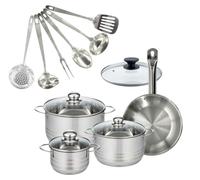 Set 1 poêle 24 cm en inox et couvercle, 3 faitouts inox 16, 20 et 24 cm et 6 ustensiles inox Fackelmann Eterna