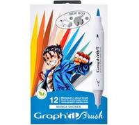 Graph'it - Set de 12 Marqueurs à Alcool Double Pointe : Extra-fine et Pinceau - Dessin de Manga et Illustration - Professionnel et Débutant - Série Manga Shonen