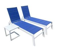 Set 2 Bains De Soleil Et Table D'appoint Barbados En Textilène Bleu - Aluminium Blanc Bleu