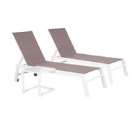 Happy Garden Set 2 Bains de Soleil Barbados en textilène Taupe et Aluminium Blanc + Table d'appoint. Transat d'extérieur Multi Position.