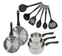 Set 2 poêles 20 et 24 cm 3 casseroles 12 16 et 20 cm en inox et 6 ustensiles Fackelmann Geneva