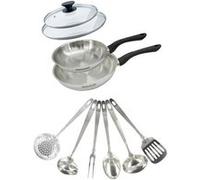 Set 2 poêles 20 et 24 cm en inox, couvercle verre et 6 ustensiles inox Fackelmann Geneva
