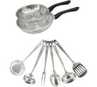 Set 2 poêles 20 et 24 cm en inox et 6 ustensiles inox Fackelmann Geneva Inox|Noir
