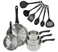 Set 2 poêles 20 et 28 cm 3 casseroles 12 16 et 20 cm en inox et 6 ustensiles Fackelmann Geneva